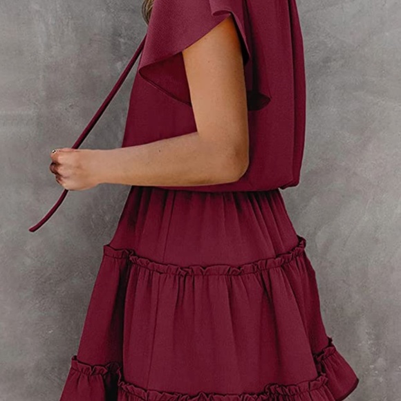 Aytitium Womens Drawstring V Neck Babydoll Dress Ruffle Chiffon Swing Mini Dress - Picture 2 of 5